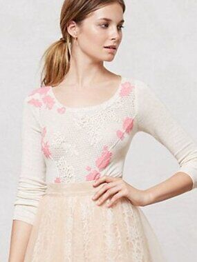 Anthropologie Peony Applique Pullover Ivory Pink Sweater